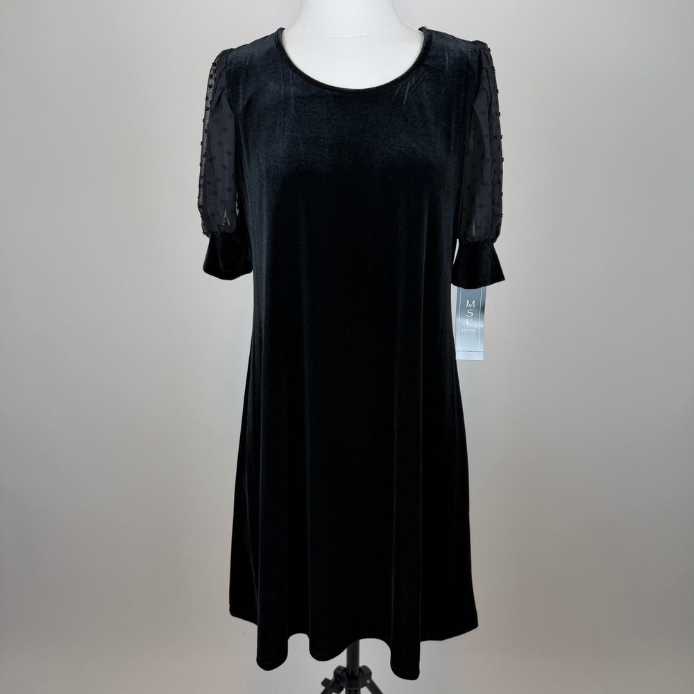NWT MSK Black Velvet Sheer Swiss Dot Puff Sleeve Shift Dress Petite Sz PXL Goth